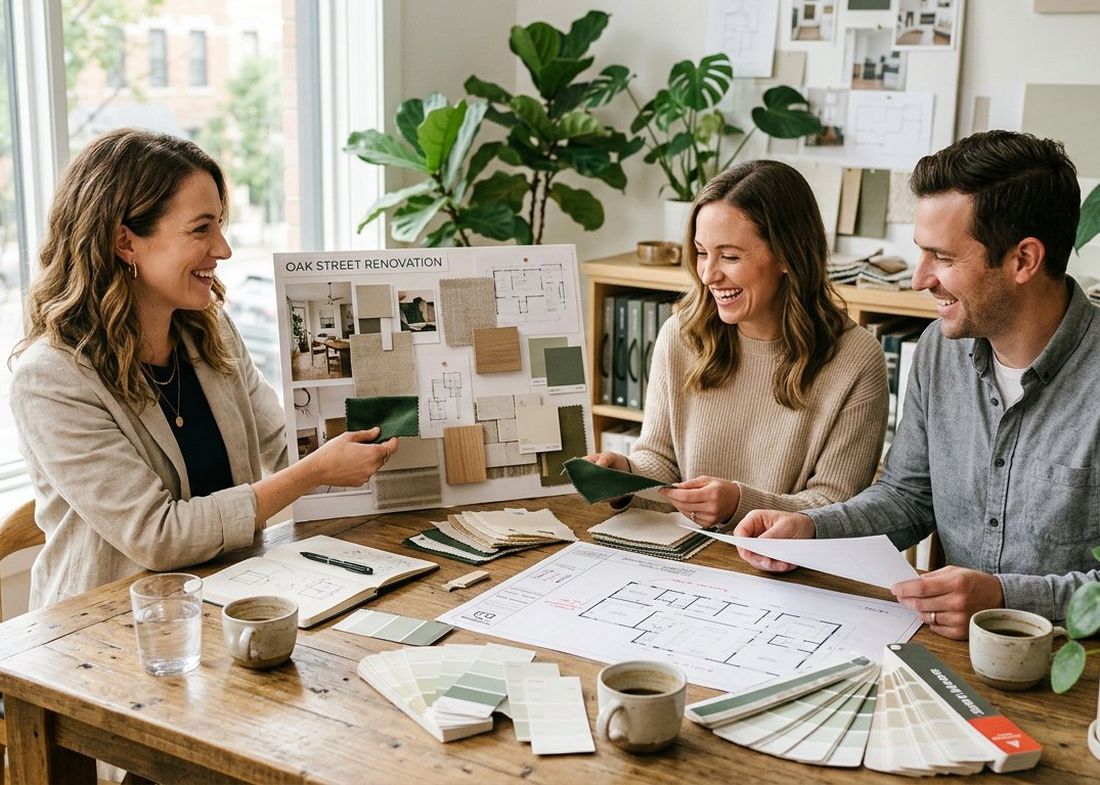 Zone Nest Decor designer presenting renovation plans and material samples to homeowners